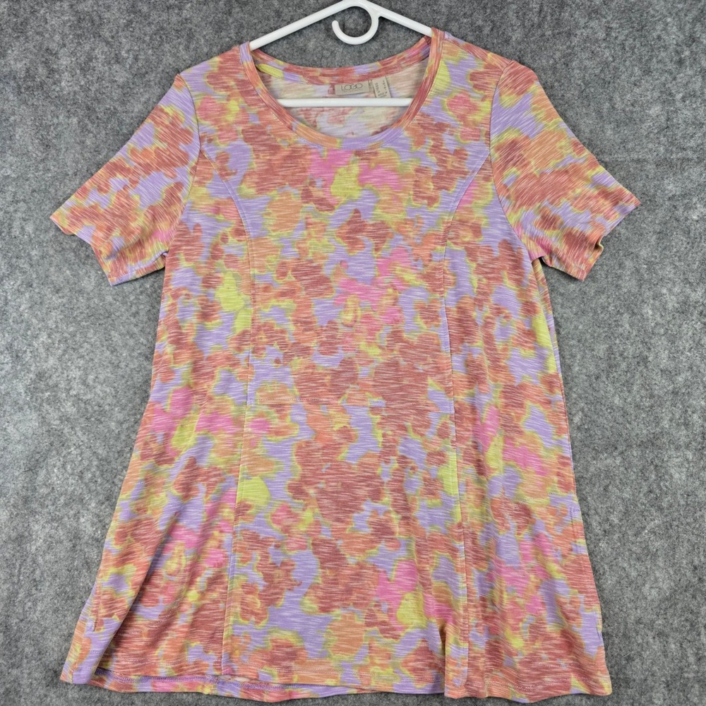 LOGO Lori Goldstein Tunic Women Small Pink Purple A-Line Abstract Print Top